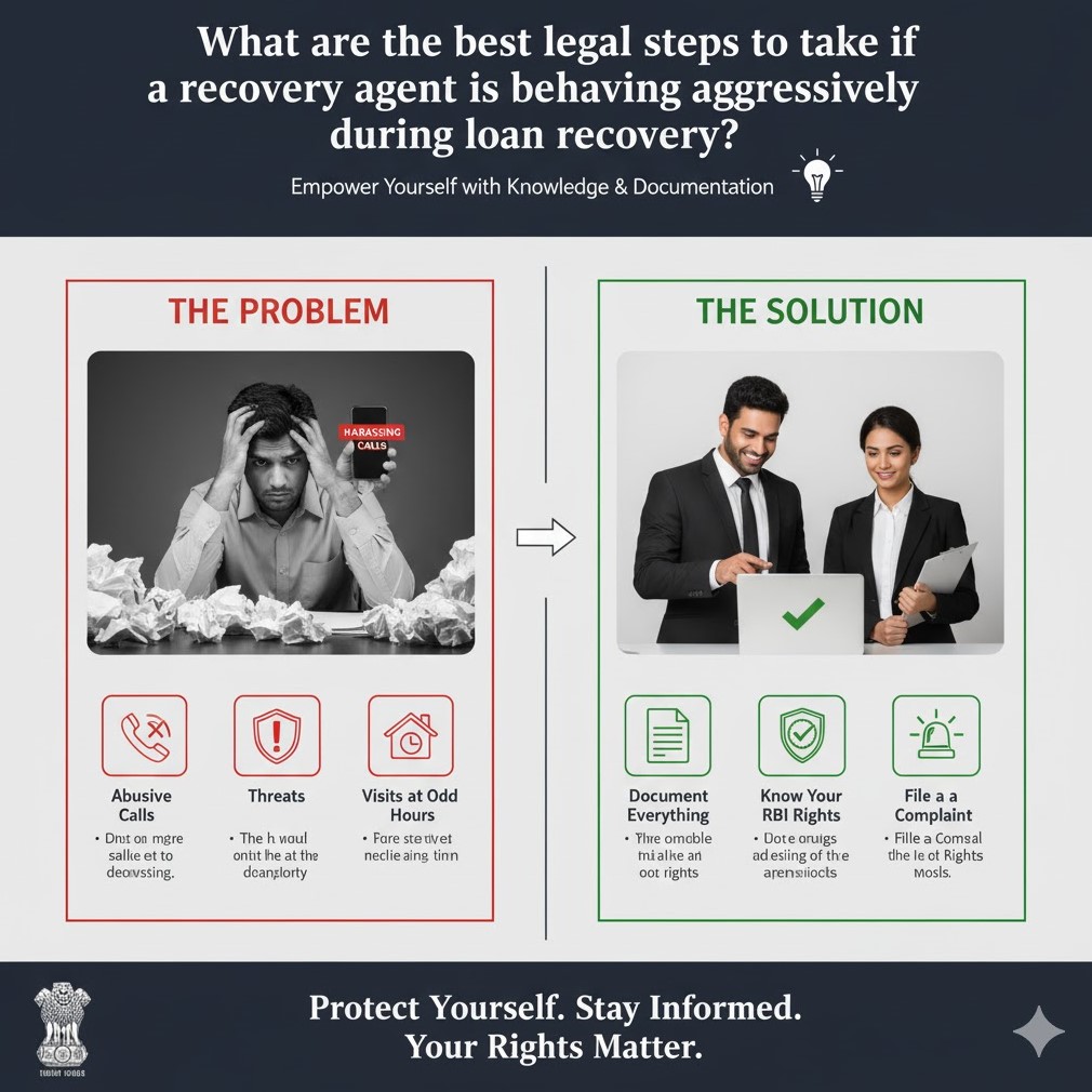 What are the best legal steps to take if a recovery agent is behaving aggressively during loan recovery?