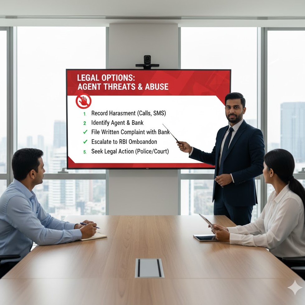 What legal options are available if a bank recovery agent threatens or abuses a borrower?