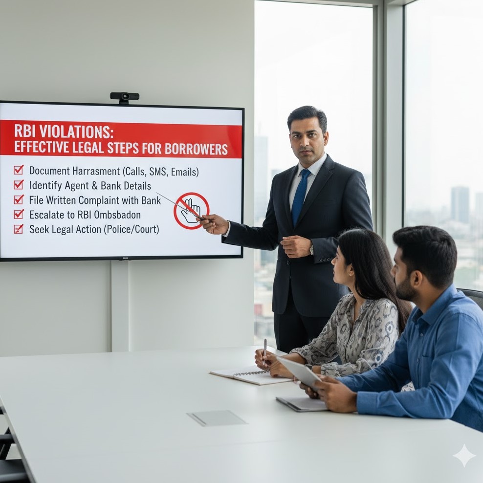 What are the most effective legal steps a borrower can take if a bank or agent violates RBI collection guidelines?