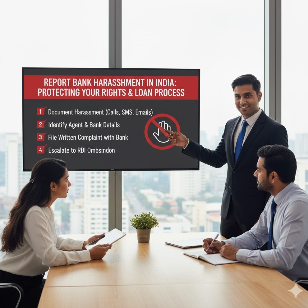 How can a borrower report bank harassment in India without affecting their ongoing loan process?